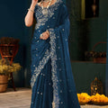 Luxury Navy Blue Fendy Satin Designer Embroidered Saree for Wedding
