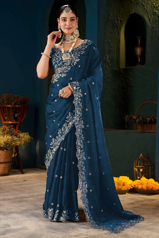 Luxury Navy Blue Fendy Satin Designer Embroidered Saree for Wedding
