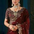 Royal Wine Fendy Satin Designer Embroidered Saree for Wedding