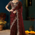 Royal Wine Fendy Satin Designer Embroidered Saree for Wedding
