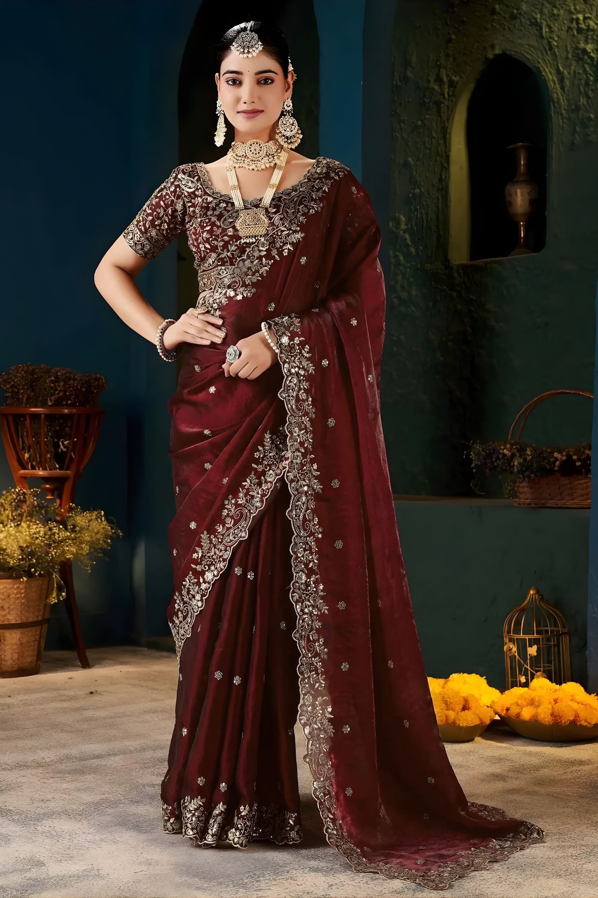 Royal Wine Fendy Satin Designer Embroidered Saree for Wedding