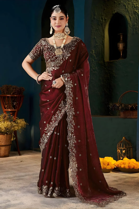 Royal Wine Fendy Satin Designer Embroidered Saree for Wedding