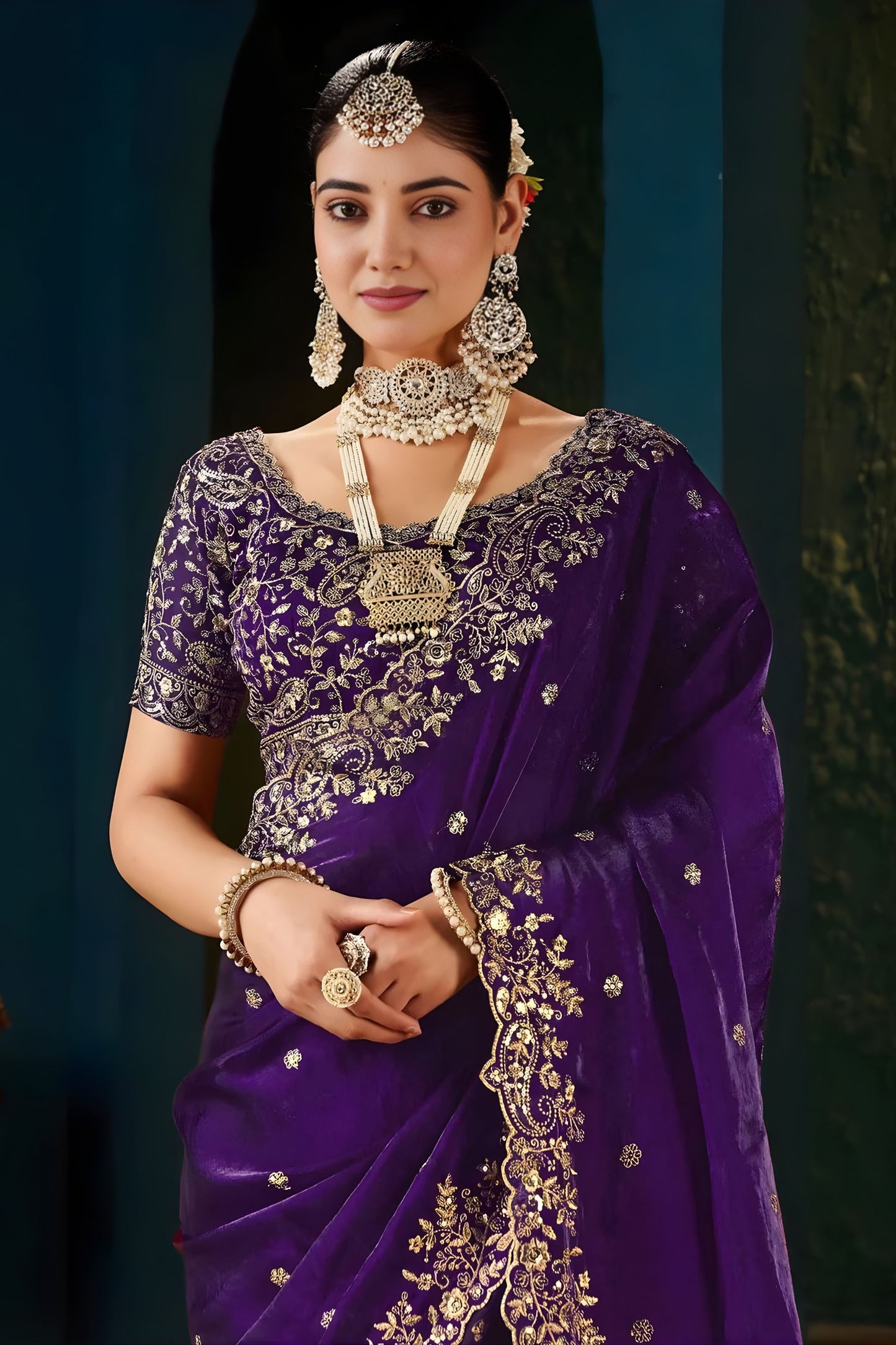 Vibrant Purple Fendy Satin Designer Embroidered Saree for Wedding