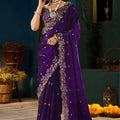 Vibrant Purple Fendy Satin Designer Embroidered Saree for Wedding