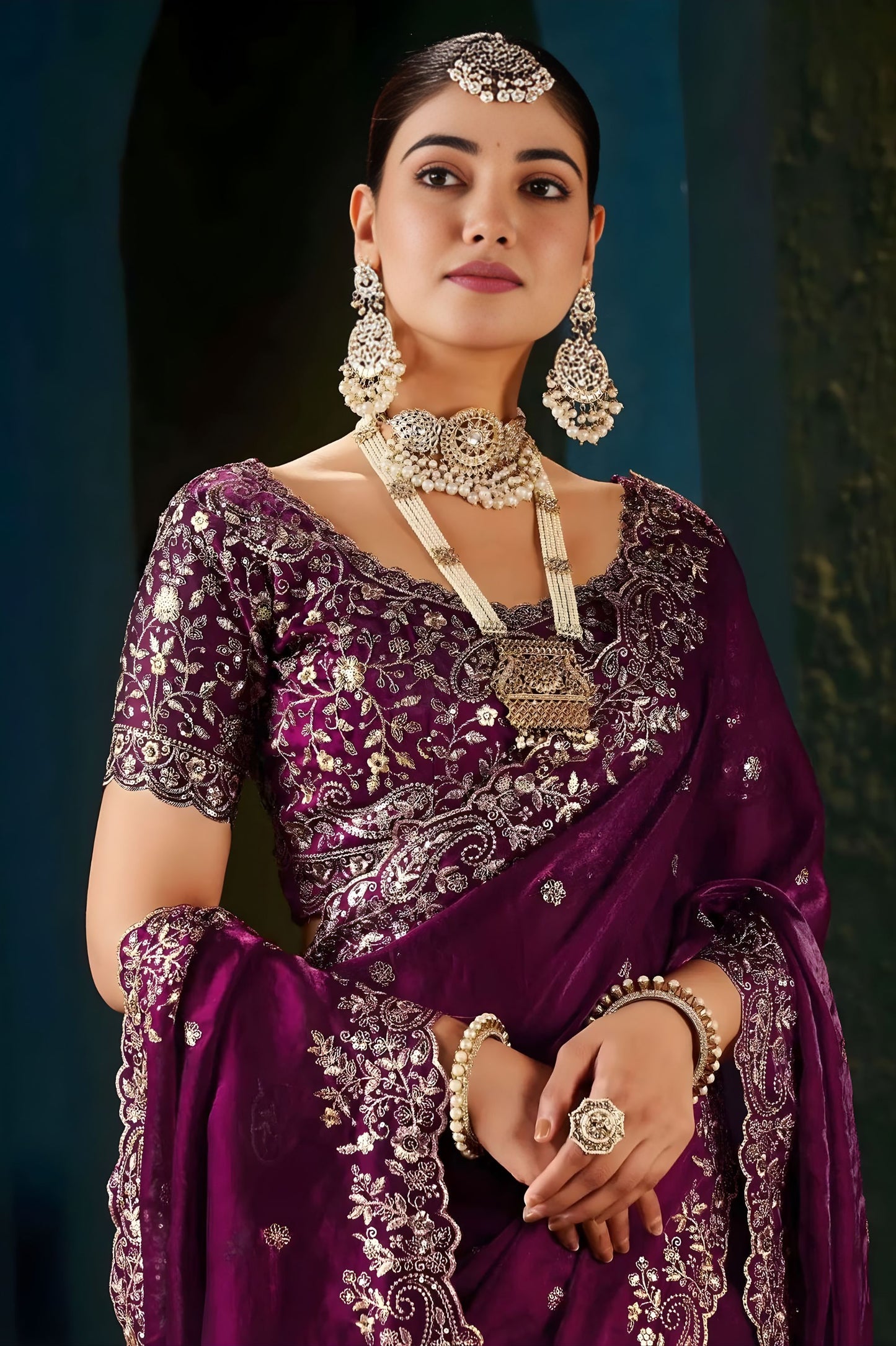 Royal Magenta Fendy Satin Designer Embroidered Saree for Wedding