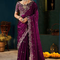 Royal Magenta Fendy Satin Designer Embroidered Saree for Wedding