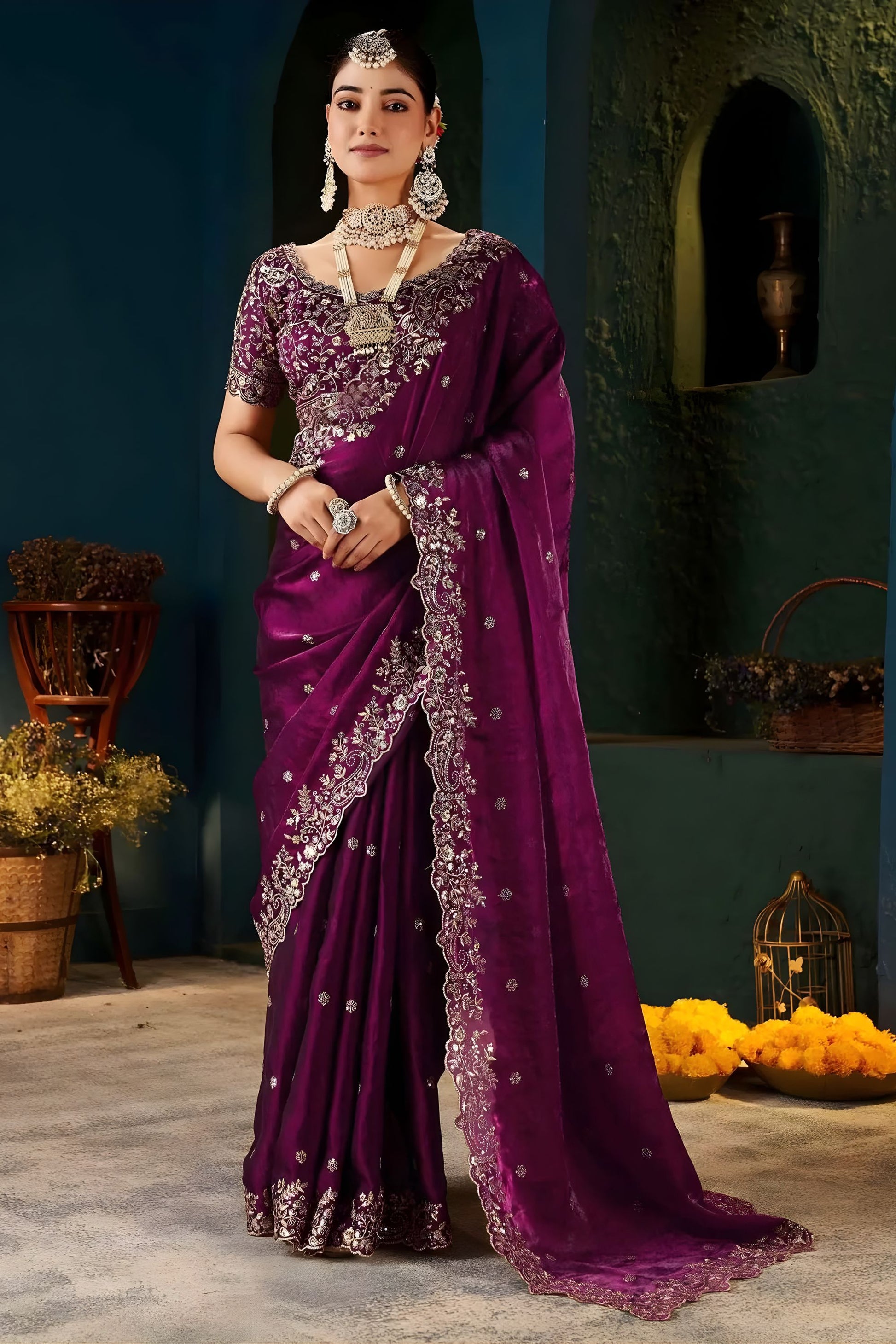 Royal Magenta Fendy Satin Designer Embroidered Saree for Wedding