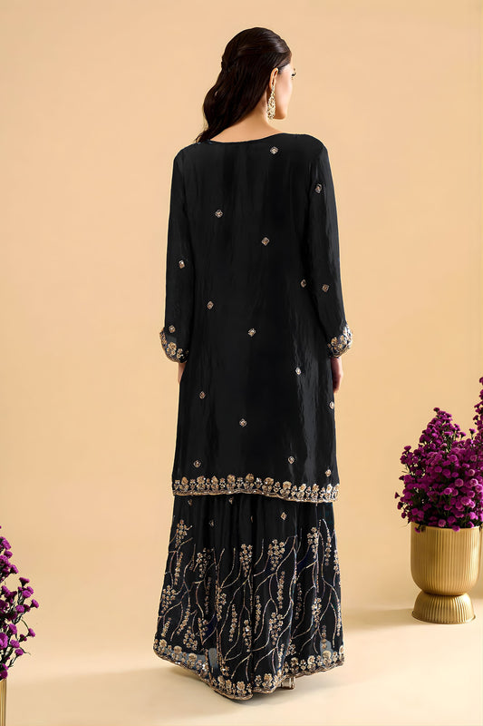 Elegant Black Fendy Silk Heavy Embroidery Work Sharara Suit Dupatta
