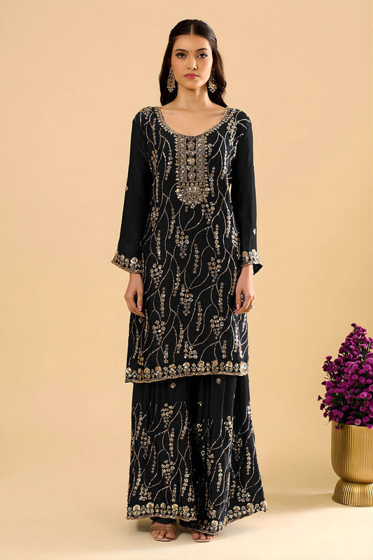 Elegant Black Fendy Silk Heavy Embroidery Work Sharara Suit Dupatta