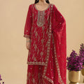 Beautiful Rani Pink Fendy Silk Heavy Embroidery Sharara Suit Dupatta