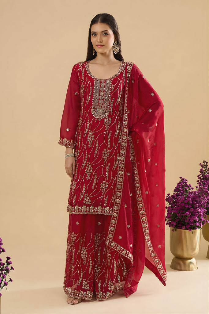 Beautiful Rani Pink Fendy Silk Heavy Embroidery Sharara Suit Dupatta