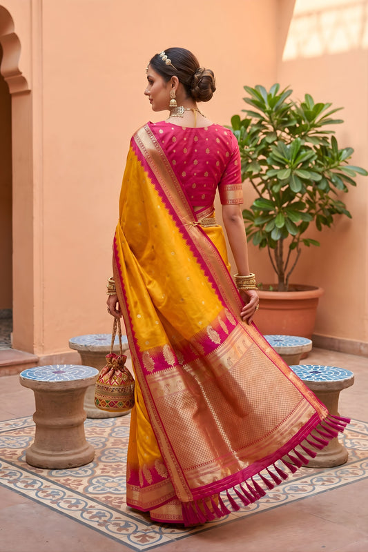 Vibrant Mustard Yellow Soft Silk Saree Zari Woven Border for Wedding Wear