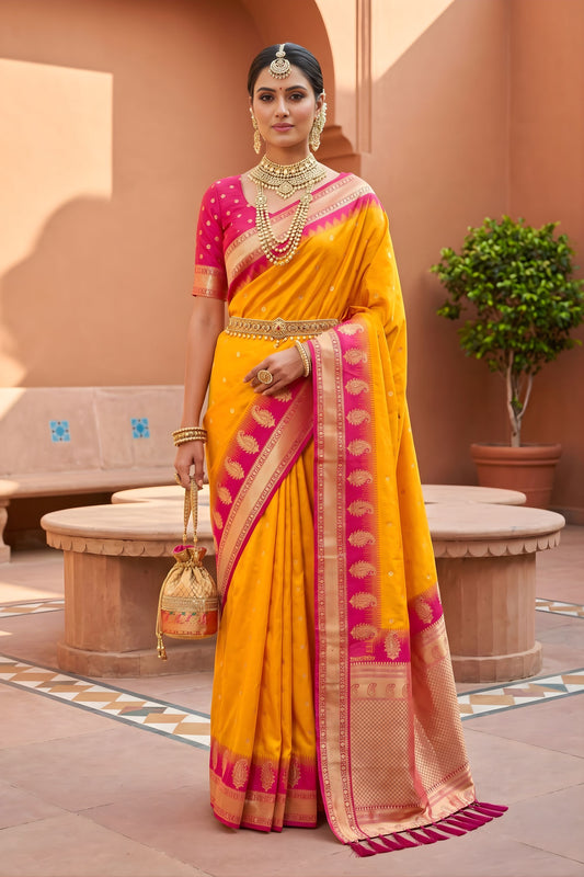 Vibrant Mustard Yellow Soft Silk Saree Zari Woven Border for Wedding Wear