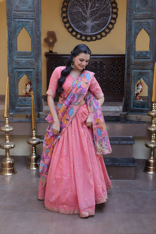 Stunning Pink Cosmos Silk Designer Lehenga Choli with Floral Printed Dupatta for Wedding