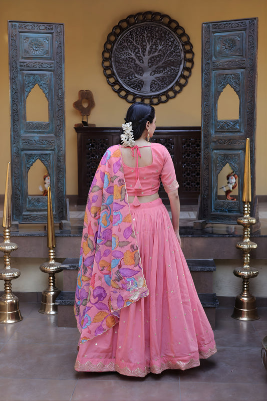 Stunning Pink Cosmos Silk Designer Lehenga Choli with Floral Printed Dupatta for Wedding