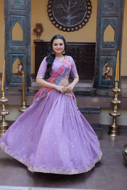 Amazing Lavender Cosmos Silk Designer Lehenga Choli with Floral Printed Dupatta for Wedding