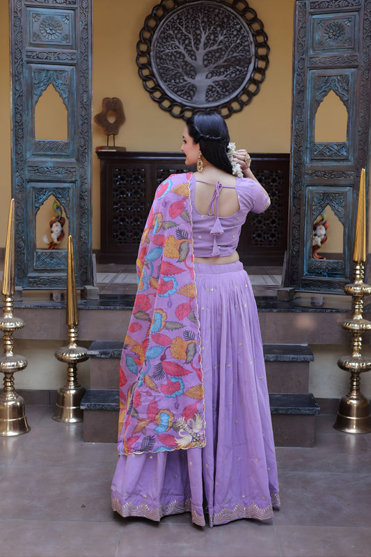 Amazing Lavender Cosmos Silk Designer Lehenga Choli with Floral Printed Dupatta for Wedding