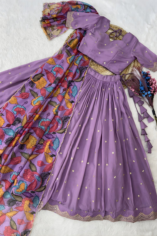 Amazing Lavender Cosmos Silk Designer Lehenga Choli with Floral Printed Dupatta for Wedding