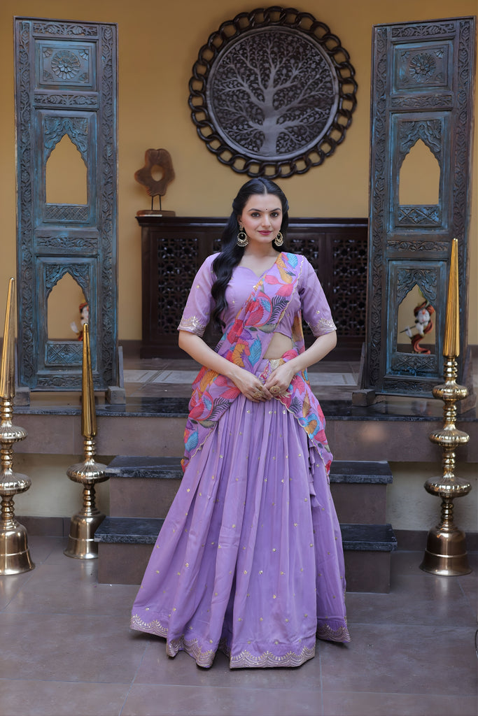 Amazing Lavender Cosmos Silk Designer Lehenga Choli with Floral Printed Dupatta for Wedding