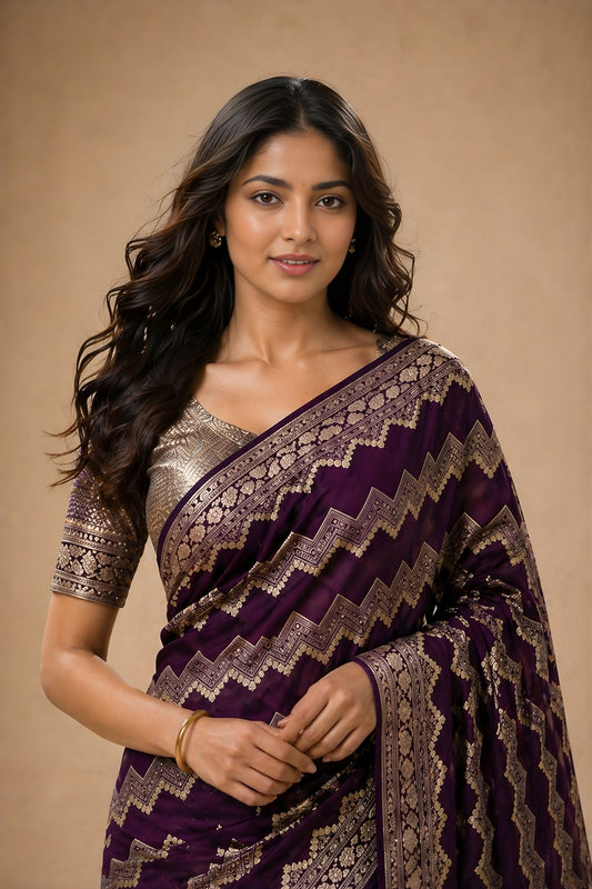 Royal Purple Georgette Woven Jacquard Designer Saree for Wedding