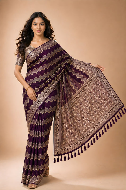 Royal Purple Georgette Woven Jacquard Designer Saree for Wedding