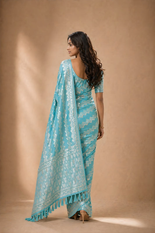 Gracefull Sky Blue Georgette Woven Jacquard Designer Saree for Wedding