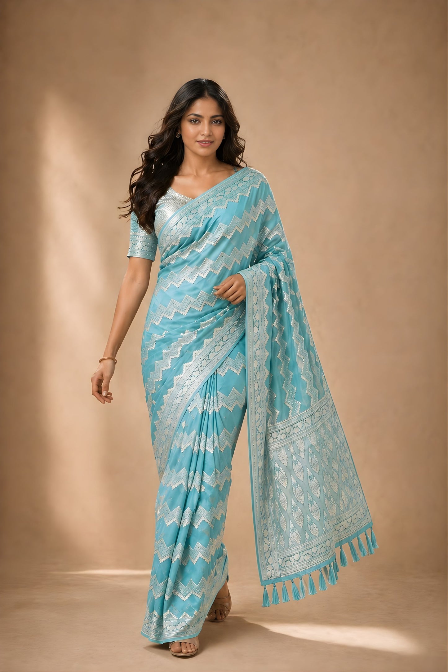 Gracefull Sky Blue Georgette Woven Jacquard Designer Saree for Wedding