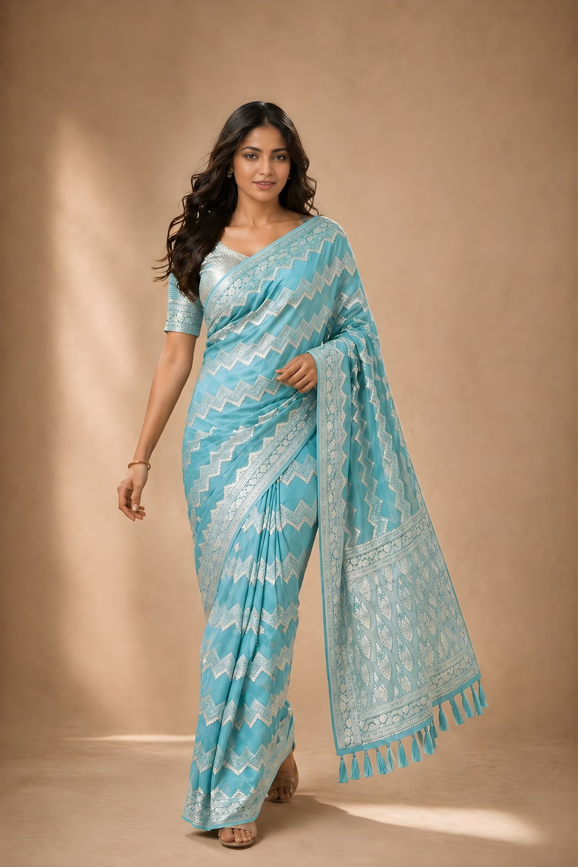 Gracefull Sky Blue Georgette Woven Jacquard Designer Saree for Wedding