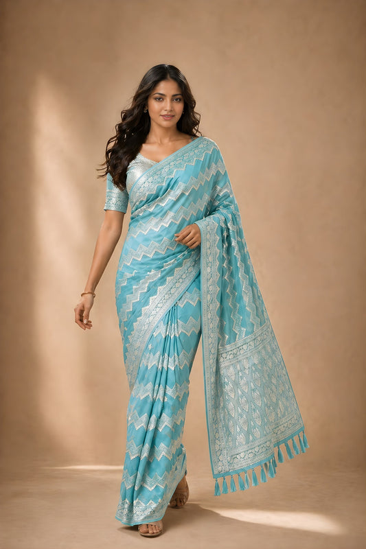 Gracefull Sky Blue Georgette Woven Jacquard Designer Saree for Wedding