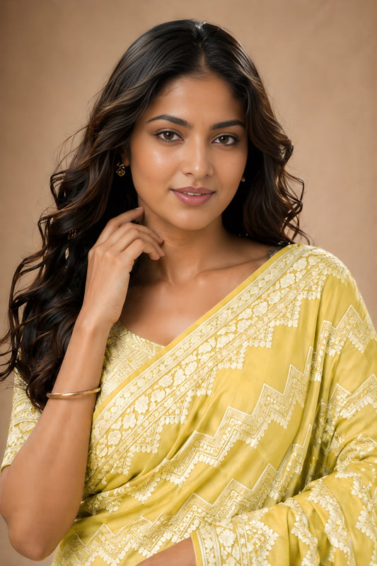 Premium Yellow Georgette Woven Jacquard Designer Saree for Wedding