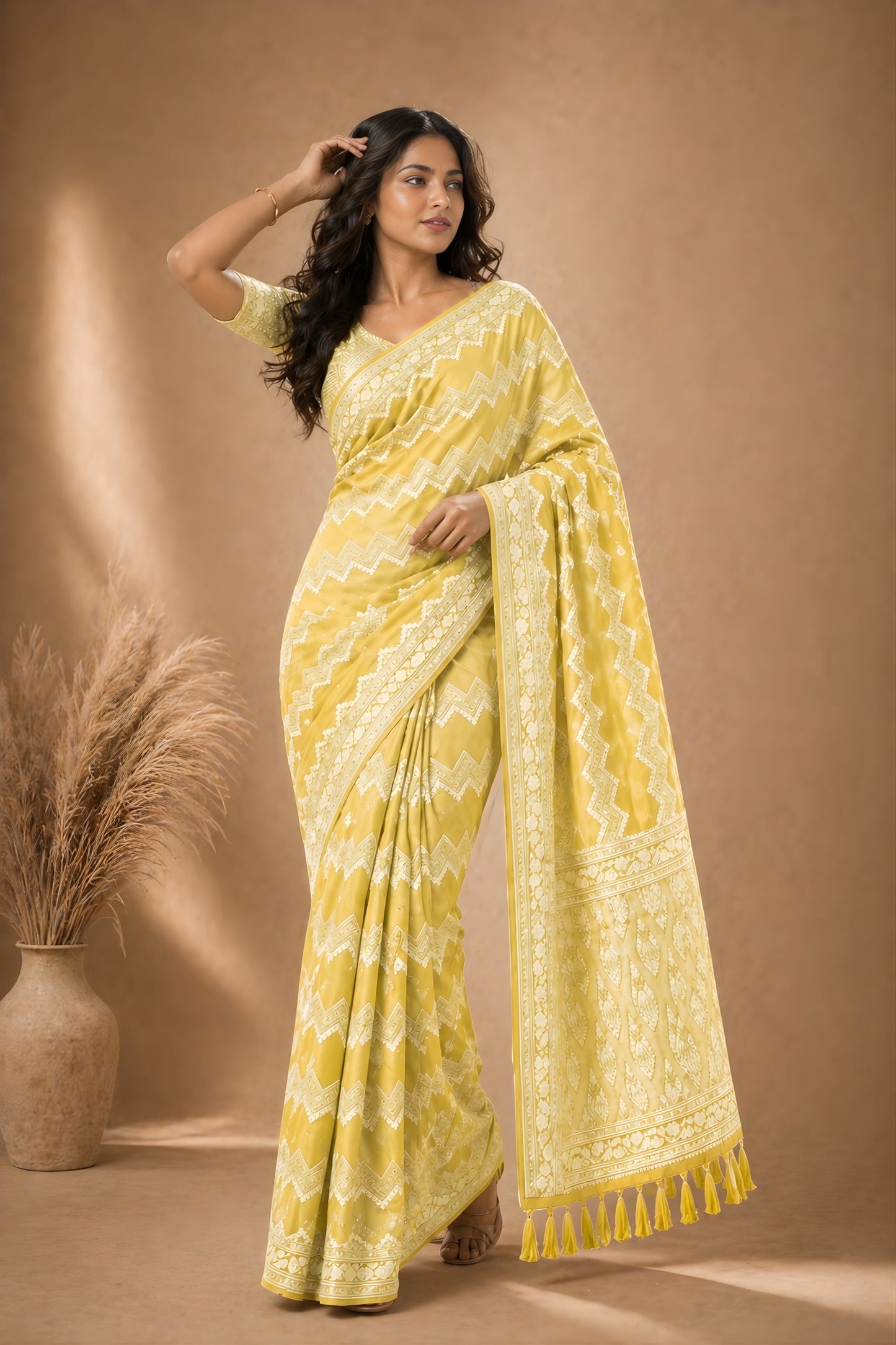 Premium Yellow Georgette Woven Jacquard Designer Saree for Wedding