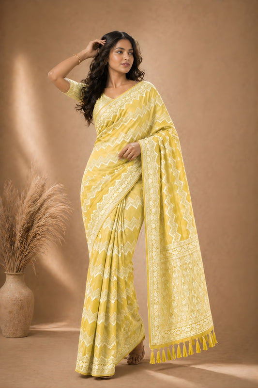 Premium Yellow Georgette Woven Jacquard Designer Saree for Wedding