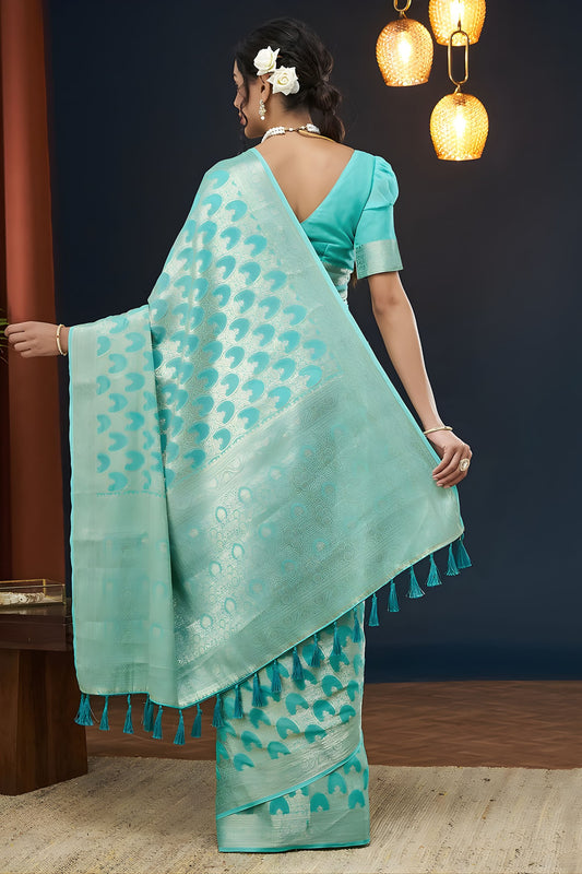 Royal Sea Green Georgette Woven Jacquard Designer Saree for Wedding