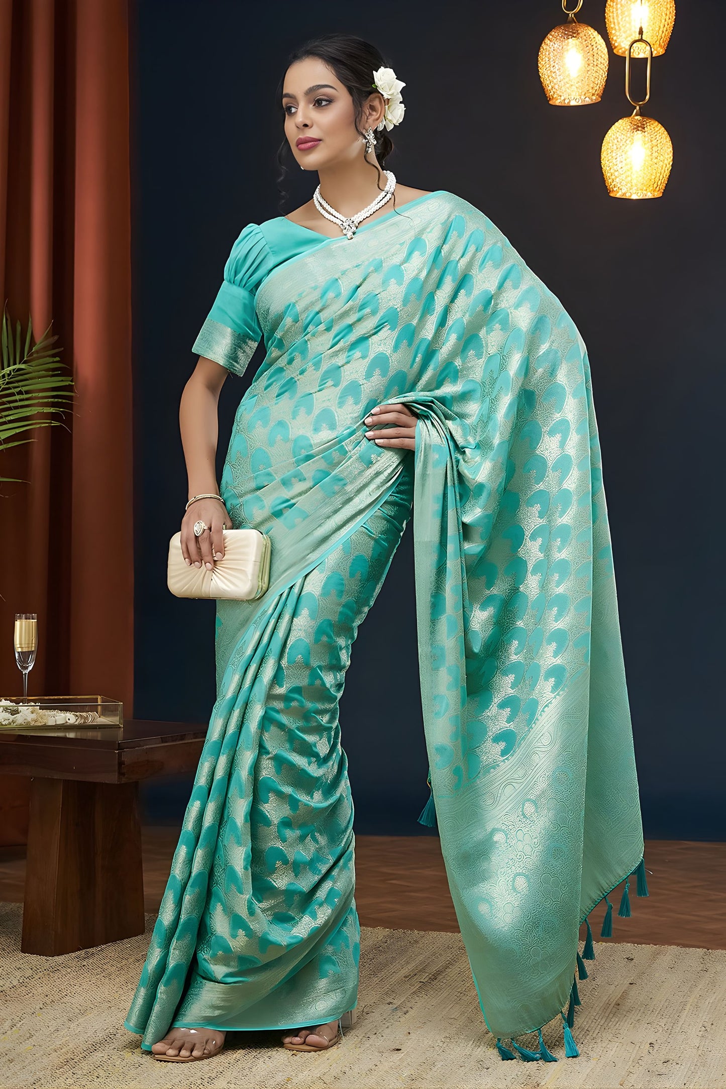 Royal Sea Green Georgette Woven Jacquard Designer Saree for Wedding