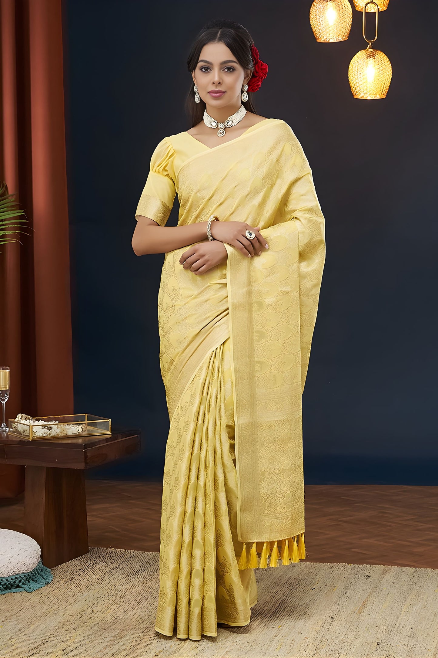 Elegant Mustard Yellow Georgette Woven Jacquard Designer Saree for Wedding