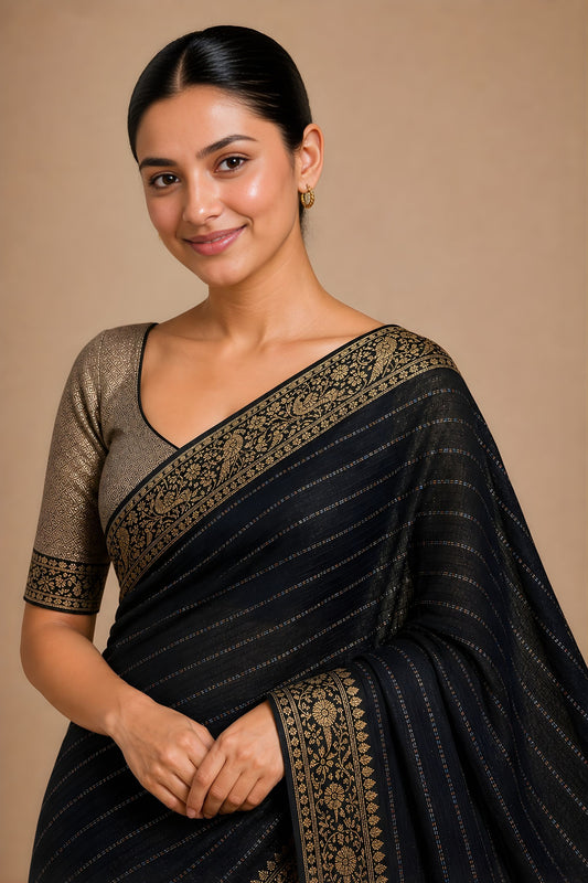 Elegant Black Chiffon Woven Jacquard Designer Saree with Rich Border for Wedding