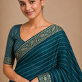 Royal Teal Blue Chiffon Woven Jacquard Designer Saree Rich Border for Wedding