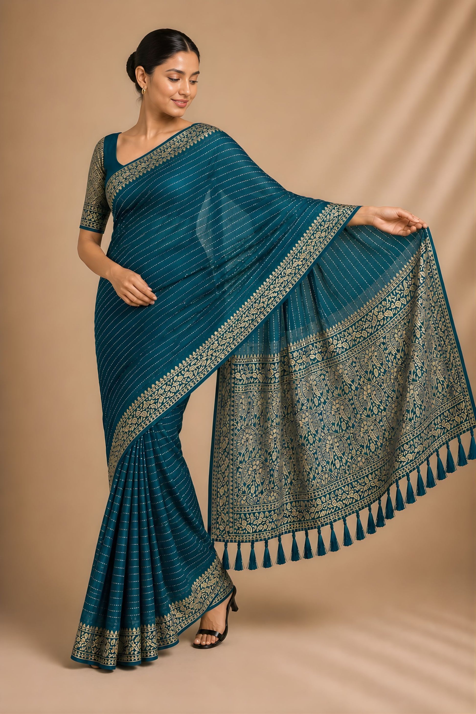 Royal Teal Blue Chiffon Woven Jacquard Designer Saree Rich Border for Wedding
