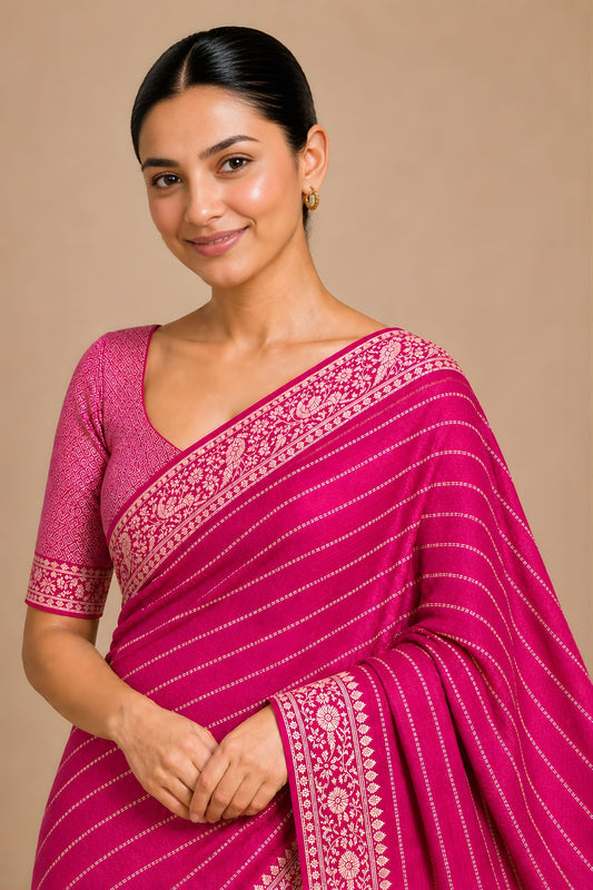 Beautiful Rani Pink Chiffon Woven Jacquard Designer Saree for Wedding