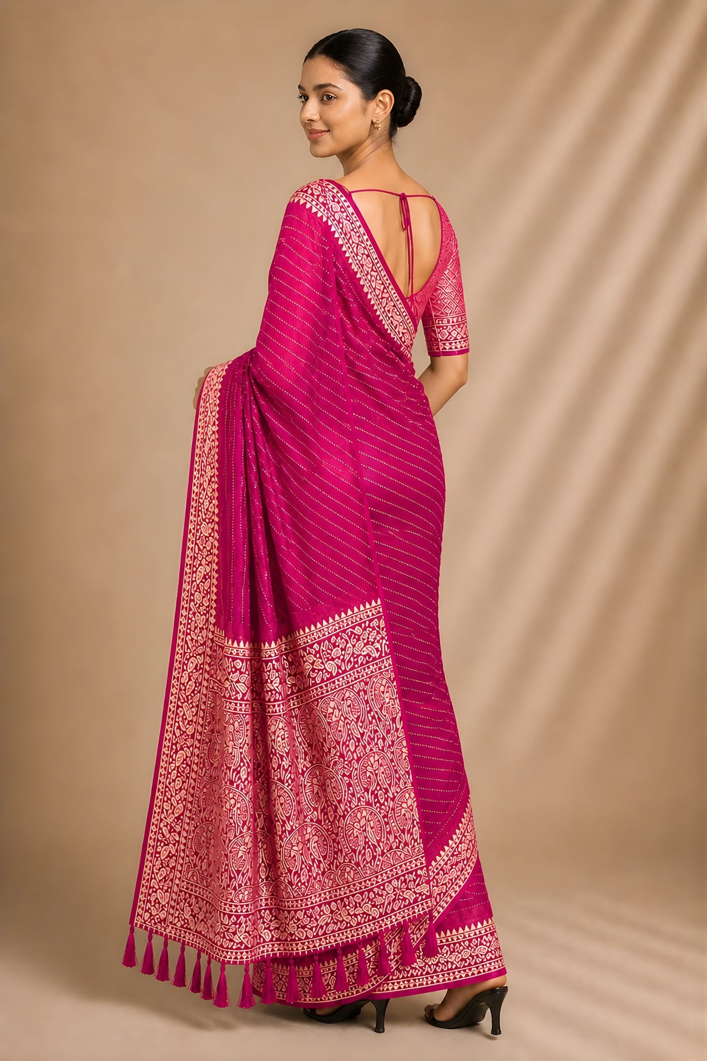 Beautiful Rani Pink Chiffon Woven Jacquard Designer Saree for Wedding