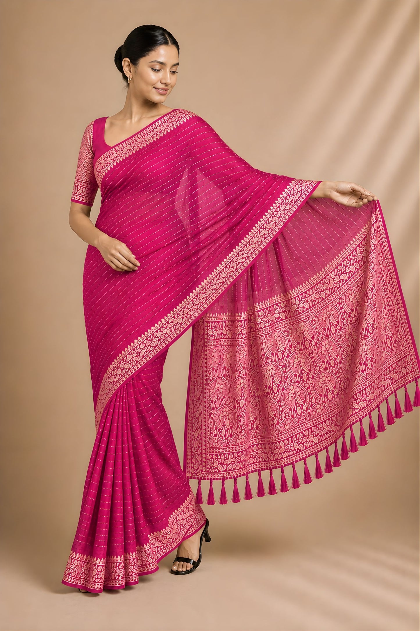 Beautiful Rani Pink Chiffon Woven Jacquard Designer Saree for Wedding