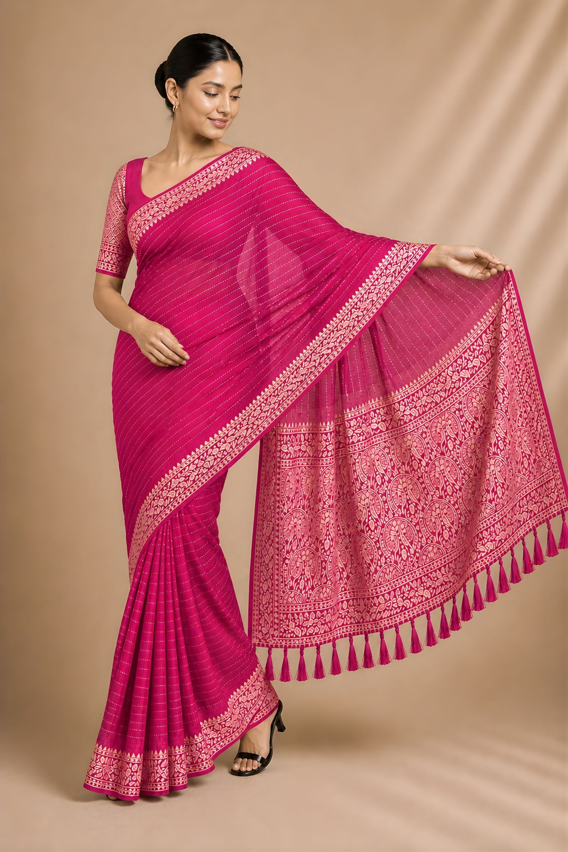 Beautiful Rani Pink Chiffon Woven Jacquard Designer Saree for Wedding