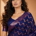 Royal Navy Blue Chiffon Woven Jacquard Saree Rich Border for Wedding