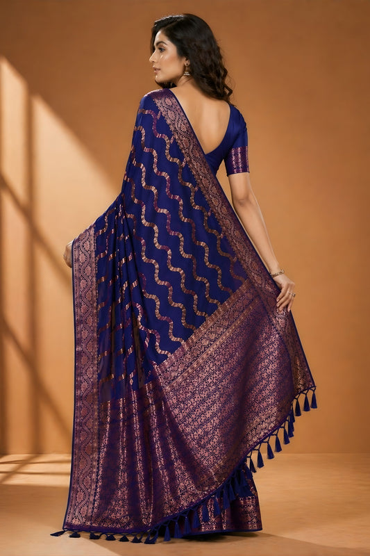 Royal Navy Blue Chiffon Woven Jacquard Saree Rich Border for Wedding