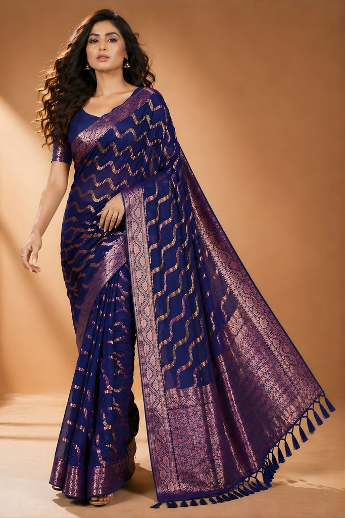 Royal Navy Blue Chiffon Woven Jacquard Saree Rich Border for Wedding