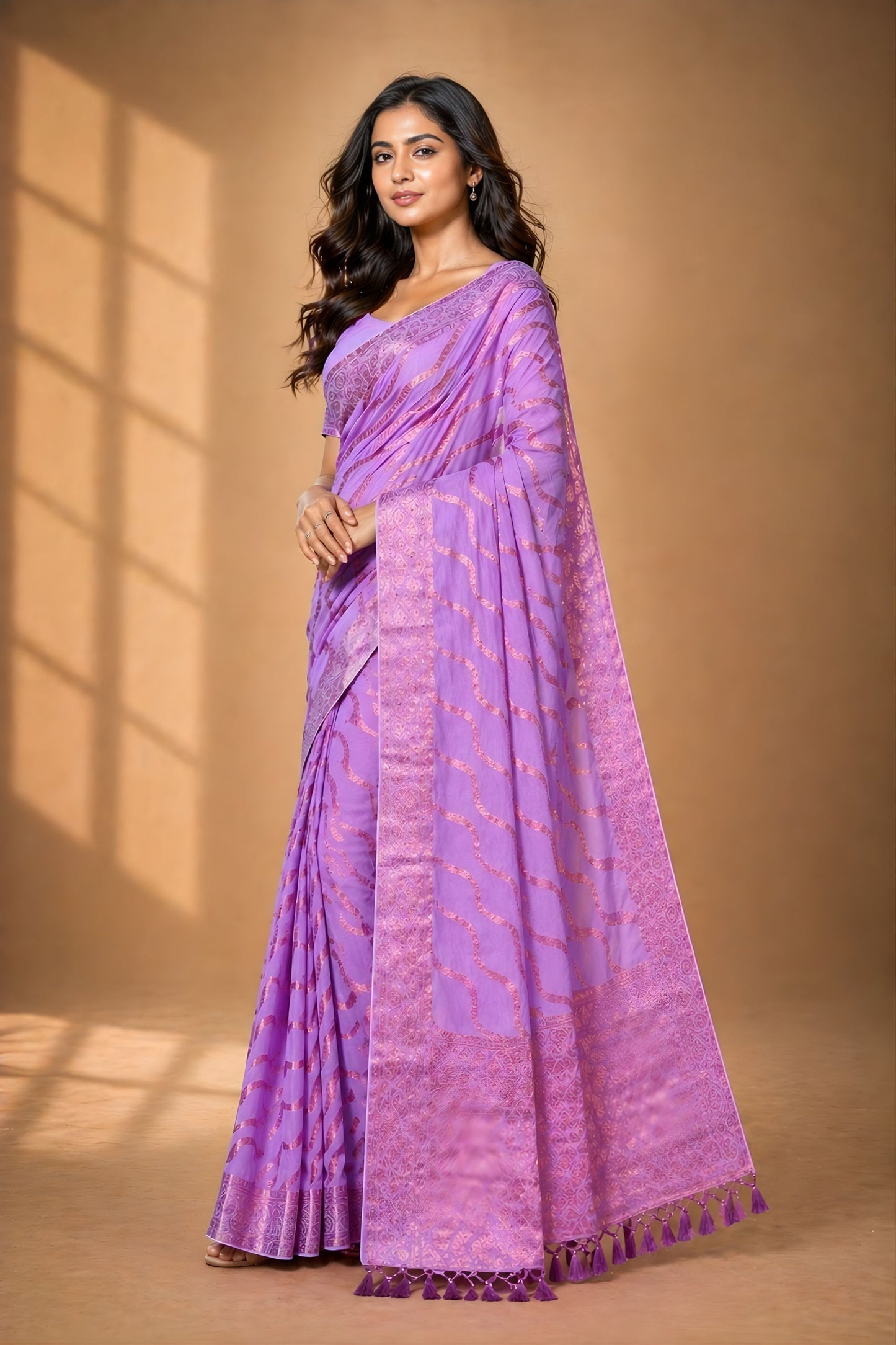 Stylish Lavender Chiffon Woven Jacquard Saree Rich Border for Wedding
