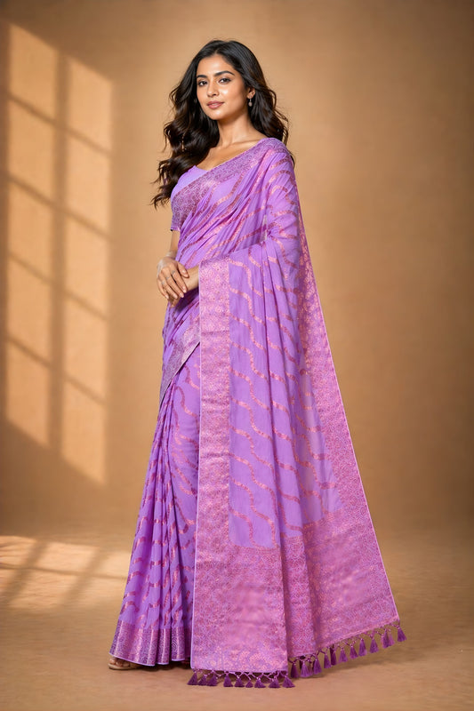 Stylish Lavender Chiffon Woven Jacquard Saree Rich Border for Wedding