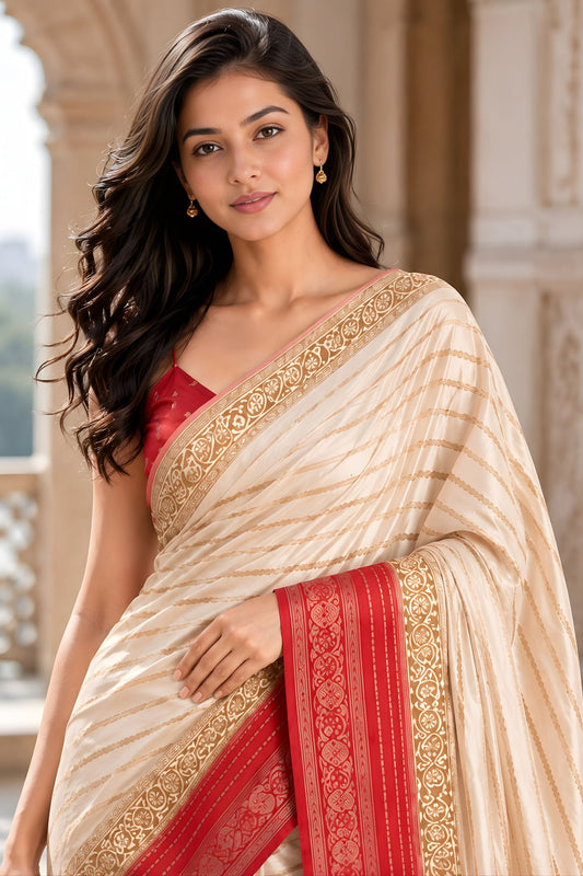 Elegant Off White Crepe Woven Jacquard Designer Saree for Wedding