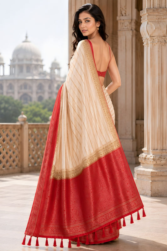 Elegant Off White Crepe Woven Jacquard Designer Saree for Wedding