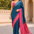 Royal Teal Blue Crepe Woven Jacquard Designer Saree for Wedding